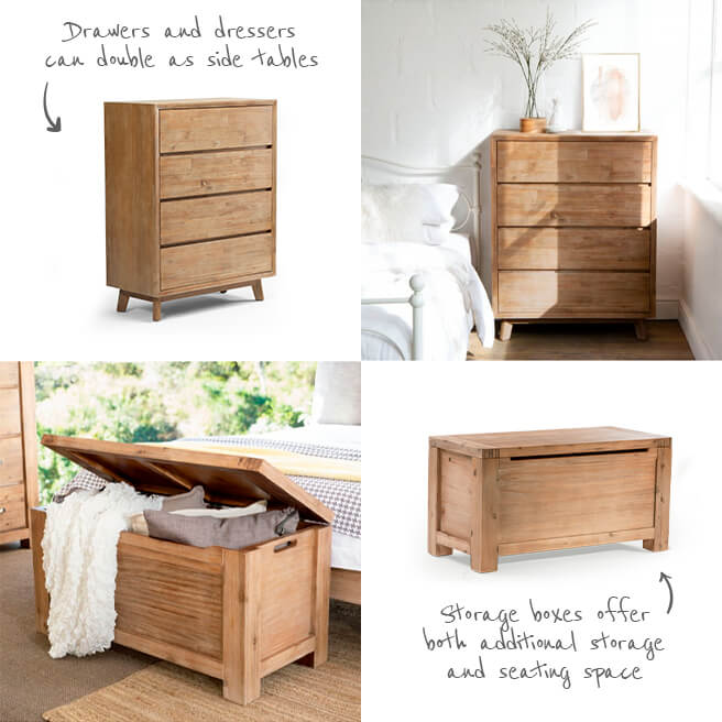 Collection of images of acacia wood chest of drawers and blanket box